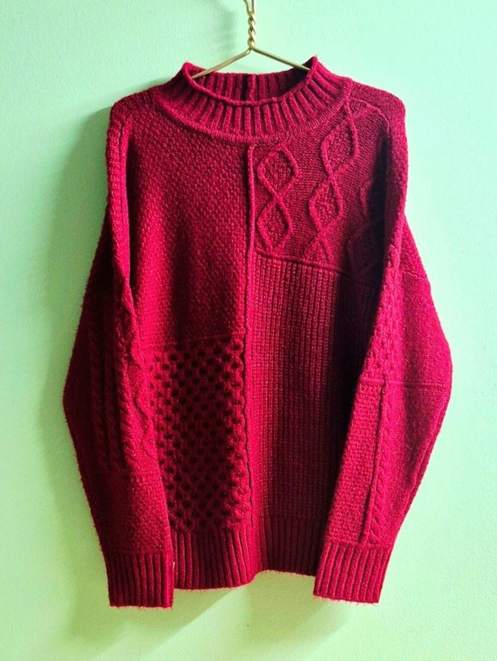 American Eagle Outfitters Red Patchwork Cable-Knit Crewneck Sweater